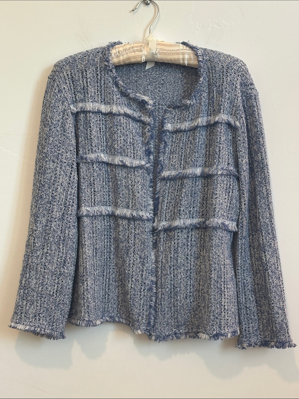 Nic + Zoe Blue Knit Open-Front Sweater Jacket w/Fringe, Size Petite Large